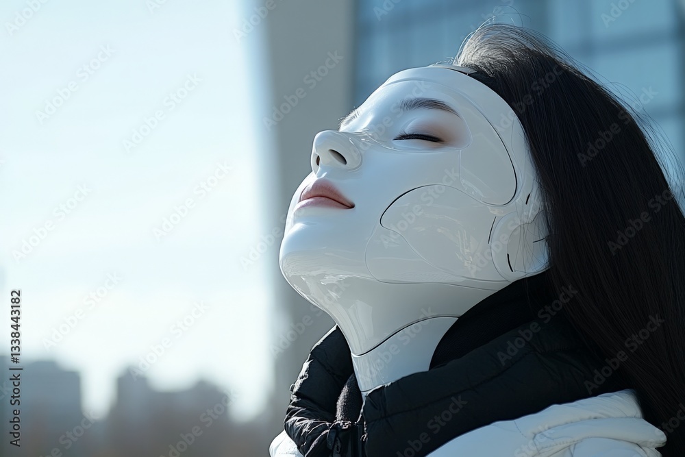 Poster Robot figure enjoying sunlight in an urban environment on a clear day with modern buildings in the background