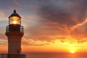 Lighthouse stands tall against a stunning sunset over the ocean with vibrant colors filling the sky