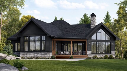 A charming modern single-story home with a covered porch, large windows, and a stylish monochrome color scheme.