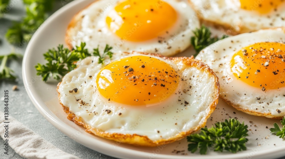 Poster a close-up of perfectly fried sunny-side-up eggs on a white plate, with golden yolks shining and a s