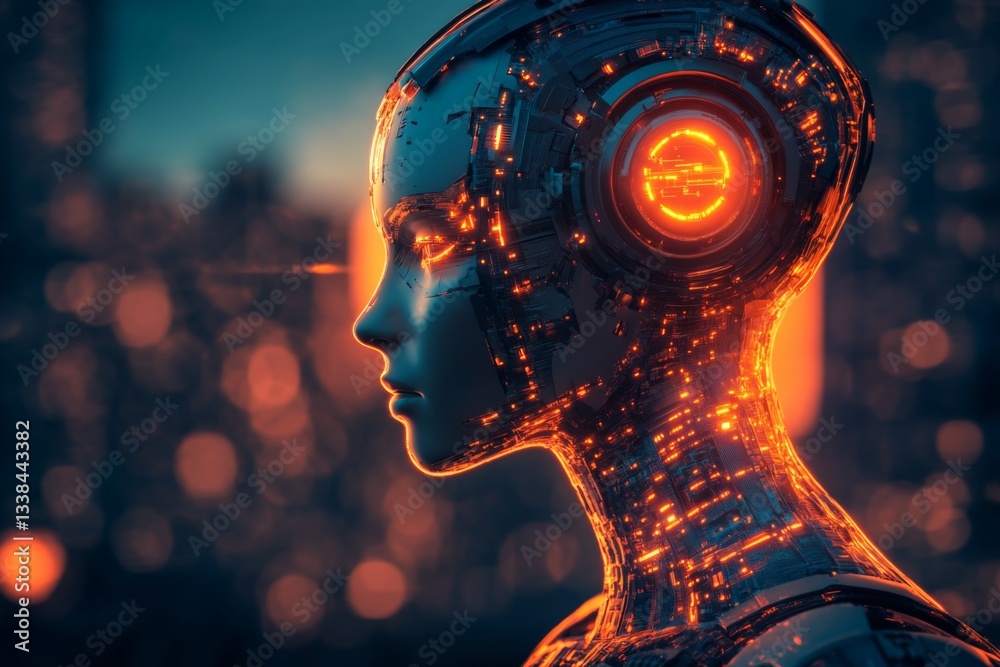 Aufkleber futuristic robot with glowing circuitry against a cityscape at twilight