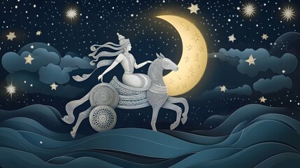 A mystical papercut depiction of Lord Chandra, the moon god, riding his silver chariot, glowing softly against a serene night sky filled with stars