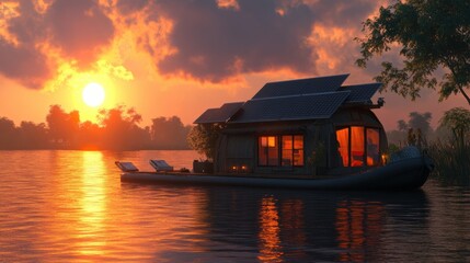 Fototapeta premium Solar-powered Houseboat Floating on a Peaceful River