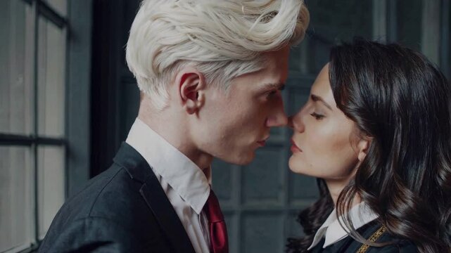 cinematic close-up of a young couple standing intimately close, their faces nearly touching as they share a moment of quiet anticipation. 