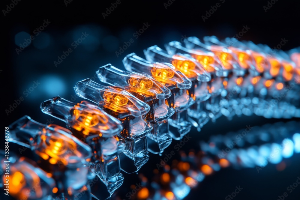 Poster illuminated spine model showcasing vertebrae with vibrant orange highlights against a dark backgroun