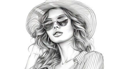 Fototapeta premium Beautiful woman wearing sunglasses and a hat, in a pencil drawing style, against a white background, in monochrome
