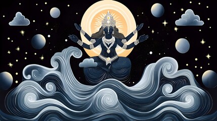Fototapeta premium A mythological papercut concept of Lord Varaha lifting Goddess Bhudevi from the cosmic ocean, with swirling waves and celestial energy