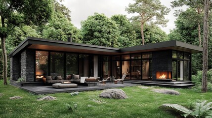 A compact yet stylish flat-roof home with a cozy outdoor fireplace, surrounded by lush greenery.