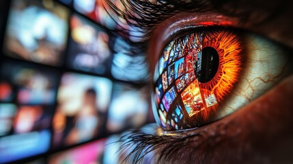 Fototapeta premium Close-up of Eye Reflecting Digital Screen, Concept of Media Consumption and Technology Engagement.