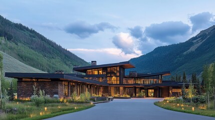 A contemporary box-style house featuring a flat roof, dark metal facade, and an elegant driveway with soft landscape lighting.