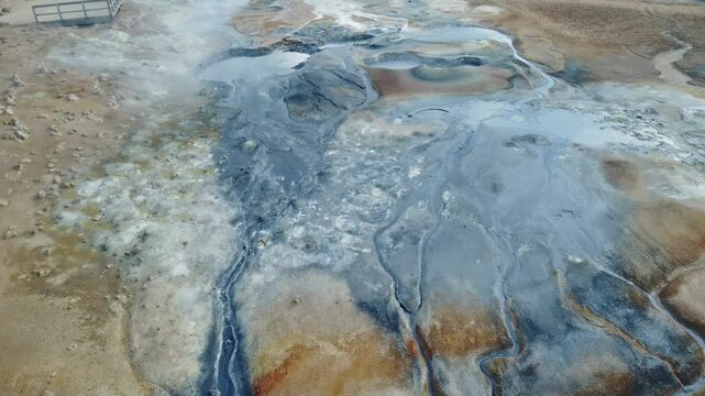 aerial footage of colourful hverir geothermal springs in iceland