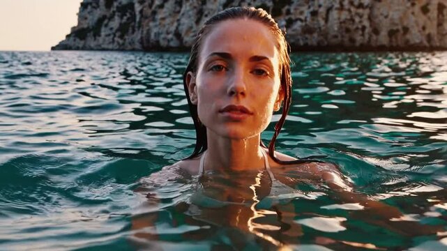 cinematic close-up of a young woman with sun-kissed skin and wet, tousled hair emerging from the clear turquoise waters of a secluded rocky cove.  