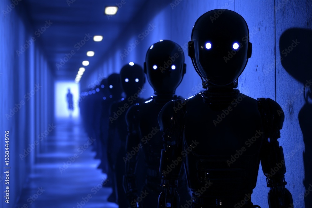 Poster Line of humanoid robots with blue glowing eyes in a dimly lit corridor during a futuristic setting