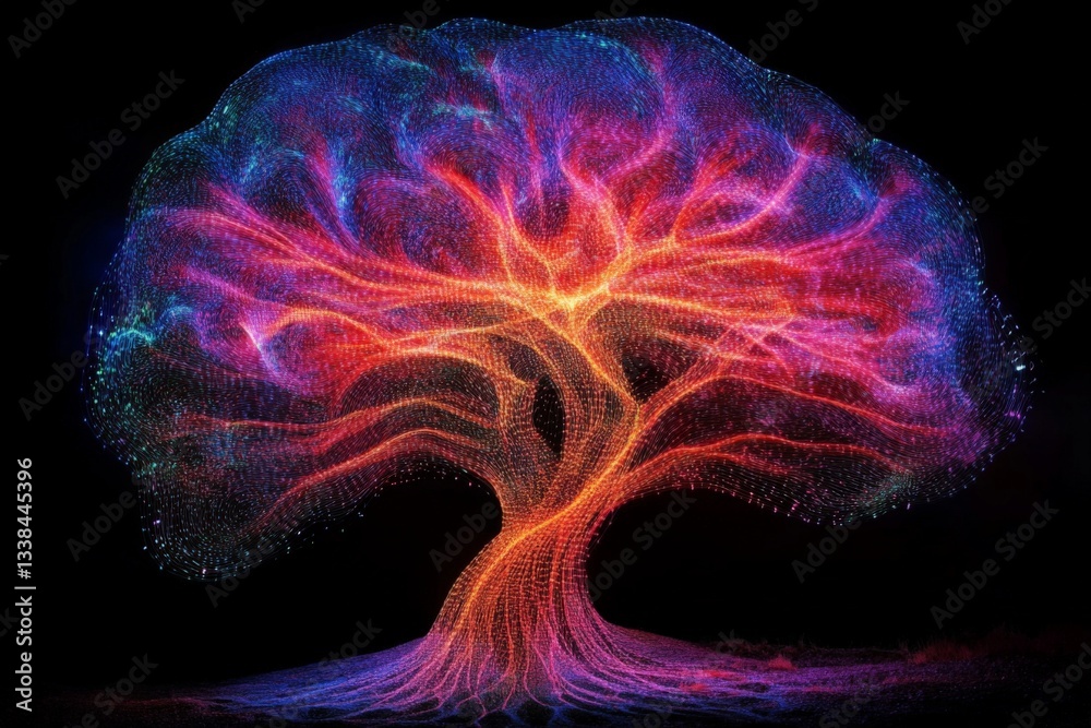 Aufkleber Vibrant digital representation of a tree with colorful branches illuminated against a dark background