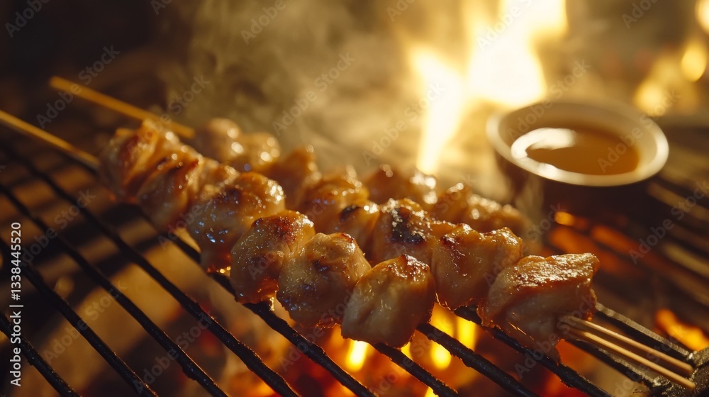 Poster a close-up view of a yakitori skewer with perfectly charred chicken, served with a small bowl of dip