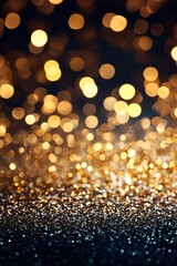 Ethereal golden bokeh lights cascade over shimmering glitter creating a magical and festive atmosphere with a dark background and a low angle shot