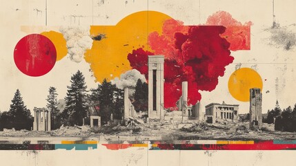 Fototapeta premium Distorted landscape featuring ruins and stylized abstract elements overlaying scene