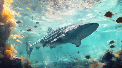 Obraz premium Whale Shark Swims Among Reef Fish In Ocean Water