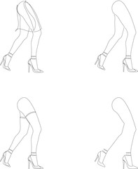 Woman legs walking in high heels shoes continuous one line drawing. Set of minimalist style single line designs, vector illustration, editable stroke.