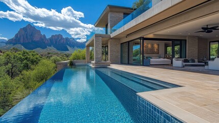 A contemporary home with a glass-walled infinity pool, scenic mountain views, and sophisticated exterior design.