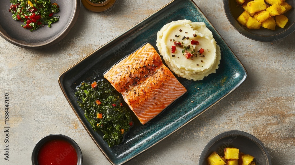 Poster a colorful display of grilled salmon served with a side of garlic mashed potatoes and sauted spinach
