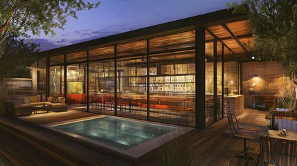 Fototapeta premium A contemporary home with a transparent glass-walled swimming pool, chic outdoor furniture, and soft night lighting.