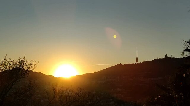 Sunset over Collserola Mountain in Barcelona on the shortest days of the year