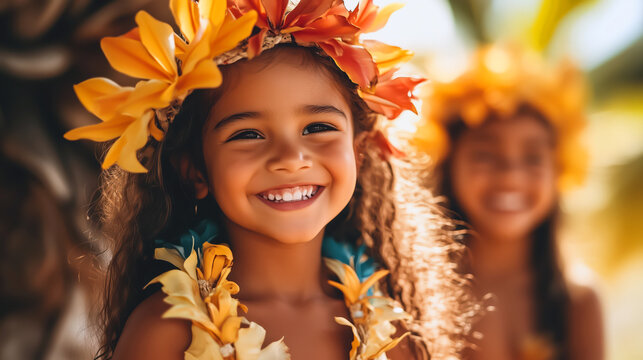 Pacific islander young girl with floral crown and necklace smiles warmly in a tropical setting