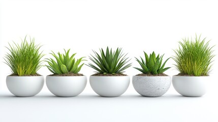Obraz premium Five assorted potted plants displayed in a row against a clean white backdrop creating a serene and minimalist aesthetic ideal for modern interior decor