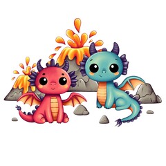 Children's illustration. Cute dragons, blue and red and erupting volcanoes on a white background.