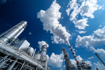 industrial chimney with smoke on blue sky background