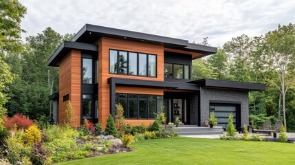 A contemporary modern house exterior with sharp geometric shapes, black window frames, and wooden accents.