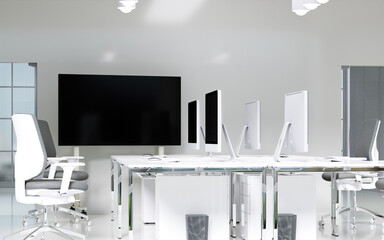 Bright and modern office setup with sleek monitors and collaborative features, 3D render illustration.