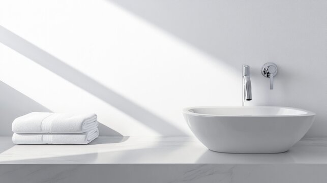 Minimalist bathroom design featuring elegant basin, neatly folde