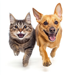 Playful Dog and Cat RunningTogether on White Background at Camera