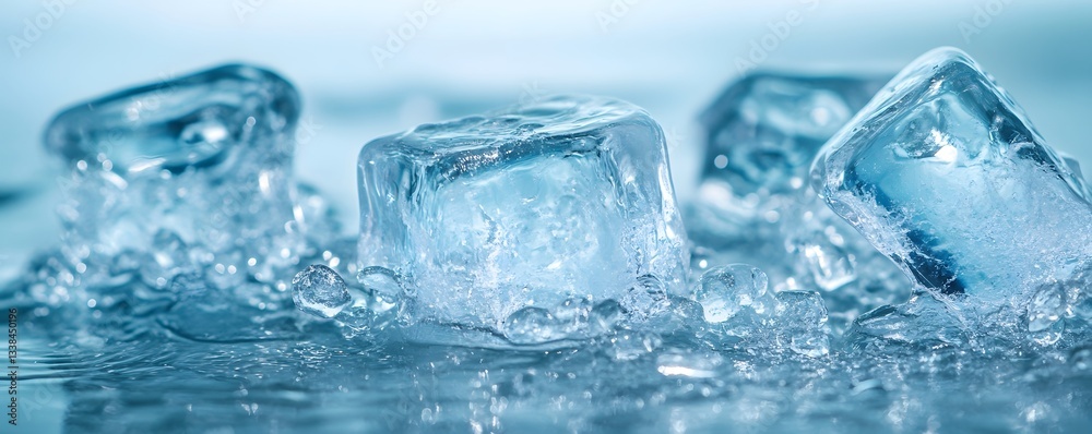 Poster Melting ice cubes on wet surface creating refreshing coldness