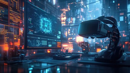 Futuristic Virtual Reality Headset on Desk in Technological Cityscape at Night. Art Piece. High Tech VR Headset in Modern Setting. Digital Illustration. Cyberpunk Style. Immersive Experience. Virtual