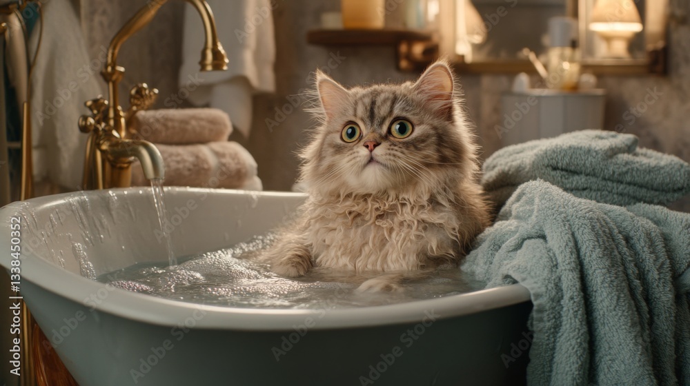 Poster a cozy bathroom scene featuring a fluffy cat lounging in a sink filled with warm water, surrounded b