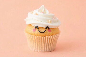 Close-up cupcake food with a cute smiling face and pastel tones.