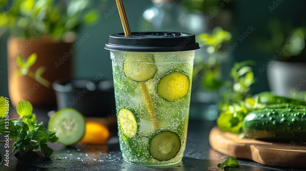 Poster a vibrant drink featuring slices of cucumber and mint leaves, resting on a wooden surface. sunlight 