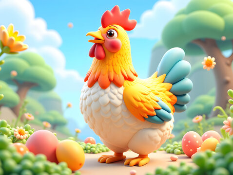 Cute cartoon chicken illustration, chicken laying egg scene illustration