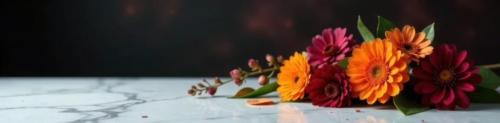 An artistic arrangement of orange and burgundy flowers on a marble tabletop against a dark background, burgundy,, marble table