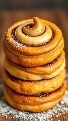 Fototapeta premium A swirl of golden brown cinnamon roll topping adds a pop of color to the stack, pastry, stacked