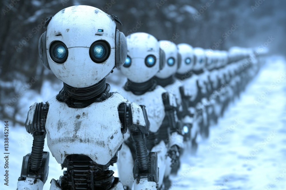 Poster Robots in a winter landscape march in a line under a gray sky demonstrating advanced artificial intelligence and technology