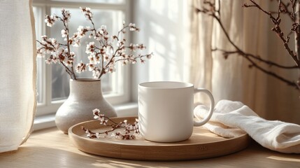 Ceramic white cup Mock-up template in modern minimalist aesthetic. Organic template for product showcase with copy space. Bohemian stationery for local business with place for text.