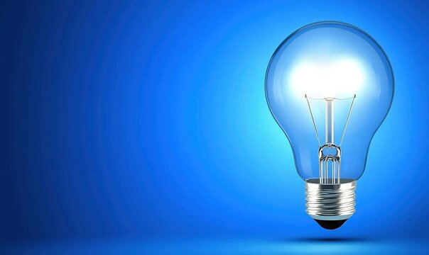 Light bulb glows brightly against a gradient blue backdrop. Concept of new ideas and innovation are expressed
