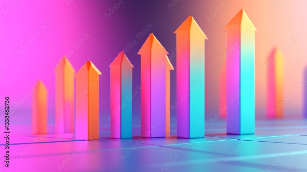 Poster a creative d bar graph design featuring bars shaped like arrows, pointing upward against a gradient 