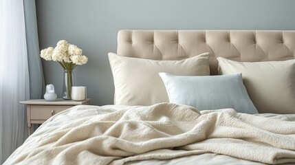 A cozy modern guest bedroom with soft bedding, stylish decor, and a minimalist color palette.
