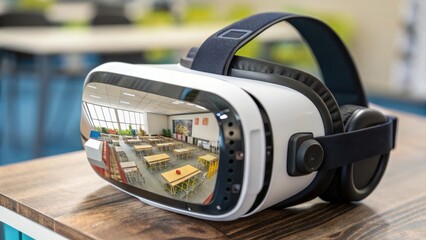 A virtual reality headset displaying a classroom scene, showcasing how technology can enhance educational experiences.