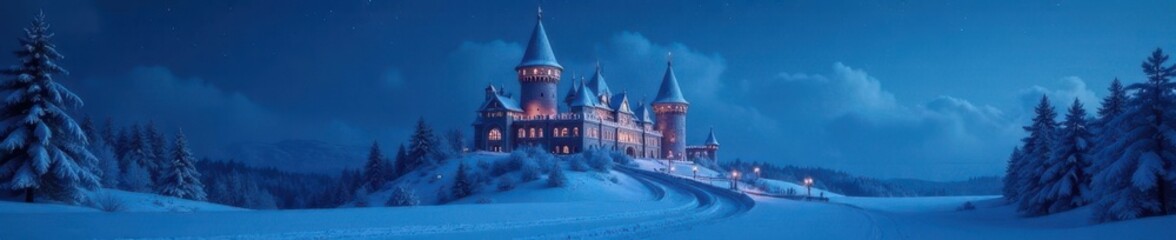 Frosty castle turrets glow softly in night sky, frozen landscape, winter wonderland